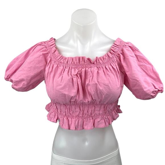 Zara Women's Pink Off The Shoulder Short Puff Sleeve Ruffle Crop Top Size L - Picture 1 of 5